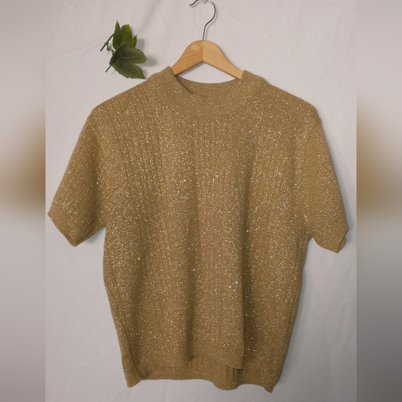 Vintage Retro Gold Short Sleeve Knit Glam Sparkle Sweater By Norton McNaughton L - Picture 3 of 6